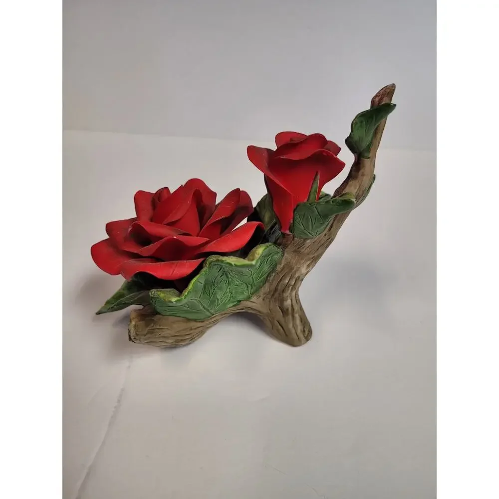 Red Ceramic Rose Figurine Handpainted & Two Resin Rose Magnets Decor